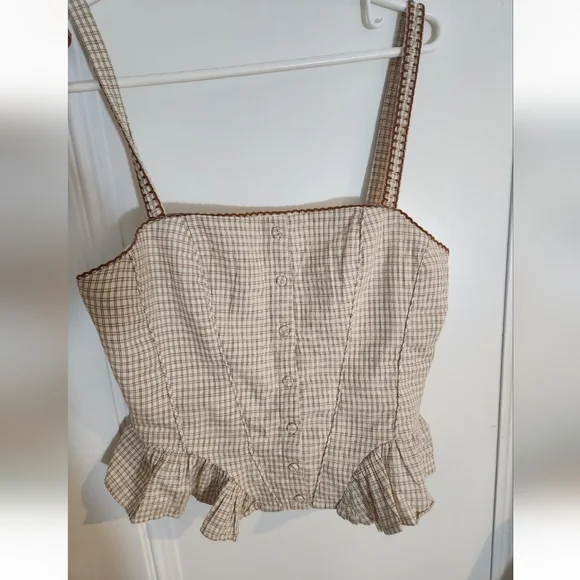 Zara Tan Checkered Ruffle Top - Picture 1 of 2